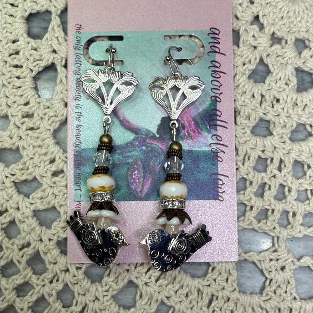 Silver Tone Bird Dangle Earrings - image 2